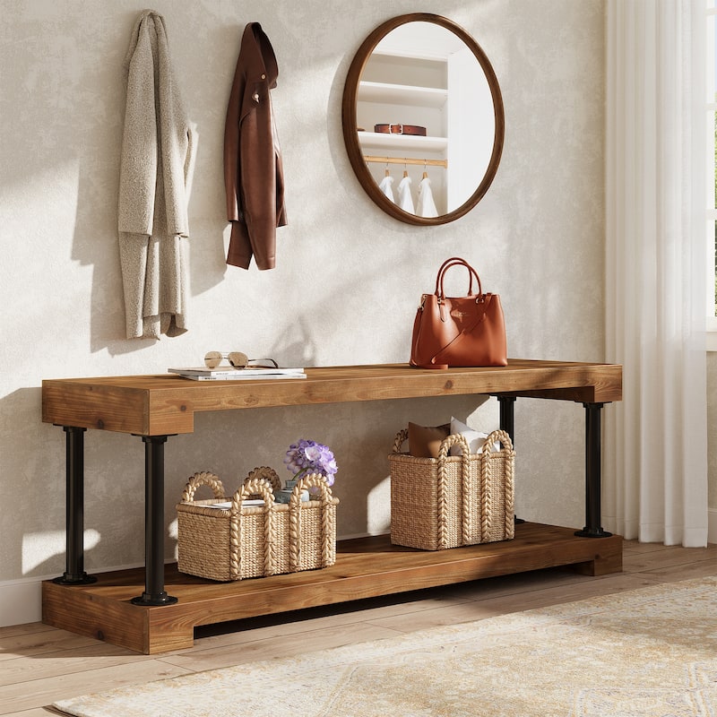 63" Solid Wood Entryway Bench, Industrial Storage Bench with Shelf