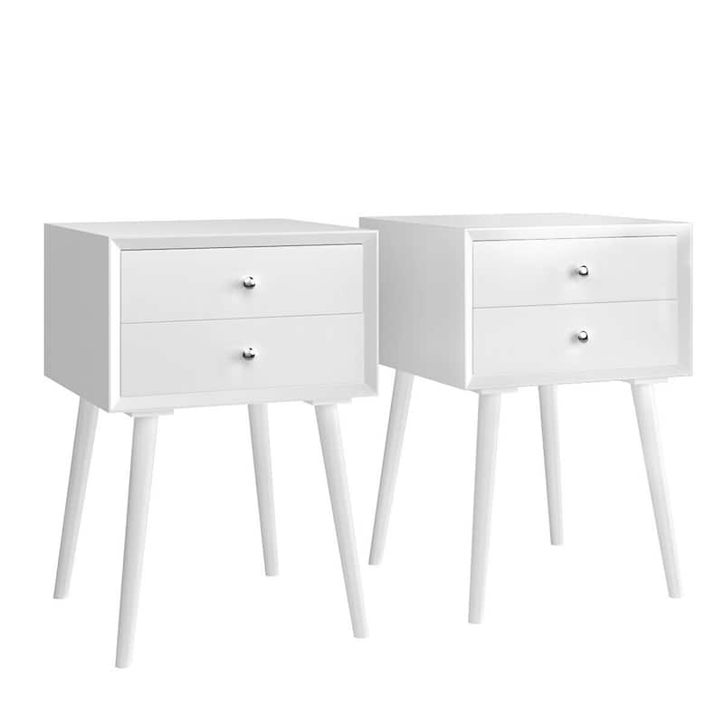 Gymax 2PCS Wooden Nightstand Mid-Century End Side Table W/2 Storage - White - MDF