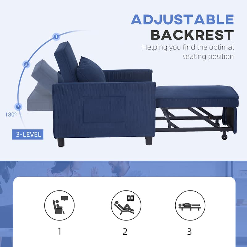 Blue Corduroy Chair Bed 3 in 1 Convertible Recliner Lounge Chair Sofa Bed with Padded Mattress and Pillow