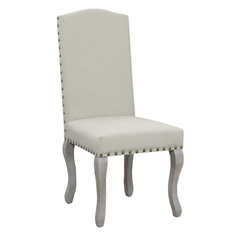 Set of 2 Beige and Gray Upholstered Parsons Dining Chairs with Nailhead Trim and Solid Wood Legs - 49.5”H x 21.5”W x 20”D