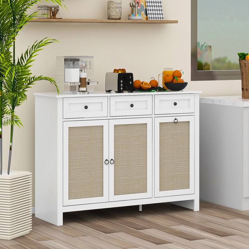 Rattan Kitchen Trash Can with 3 Drawers and 2 Doors, Wooden