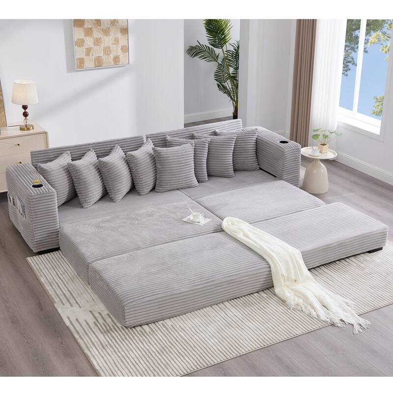 110.75" Corduroy Sectional Sofa, Convertible Sleeper Sofa Bed L-Shaped Upholstered Couch with Removable Footstool, Cup Holder