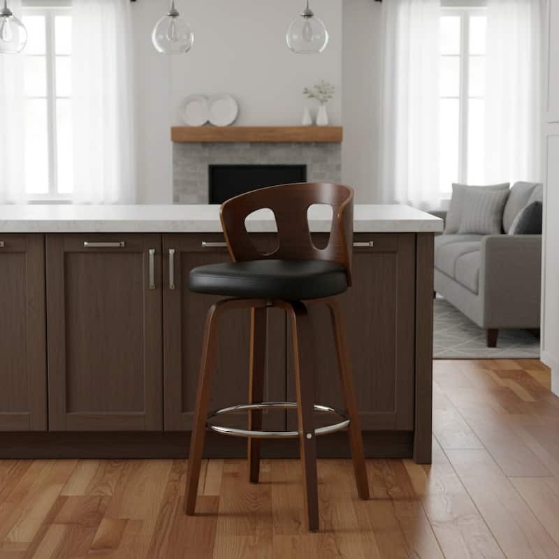 Mid-Century Black Faux Leather Wood Swivel Counter Stool