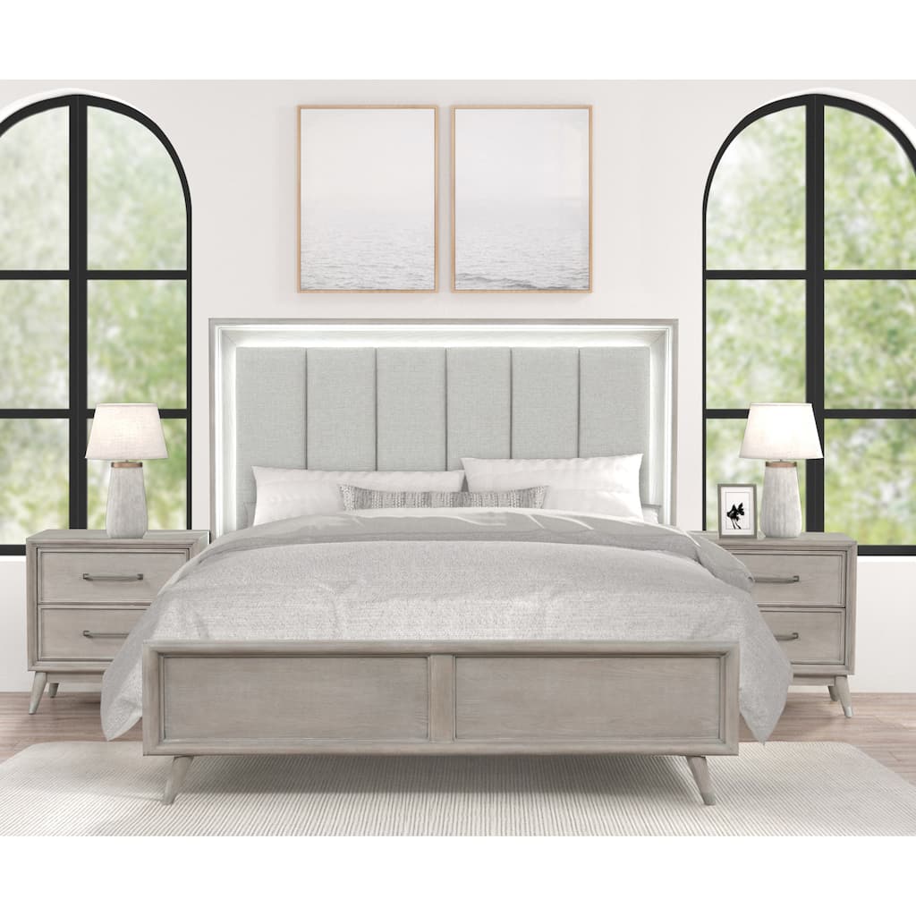 Roundhill Furniture Seluna 3-Piece Bedroom Set with Touch LED Lighting, Gray Oak Finish
