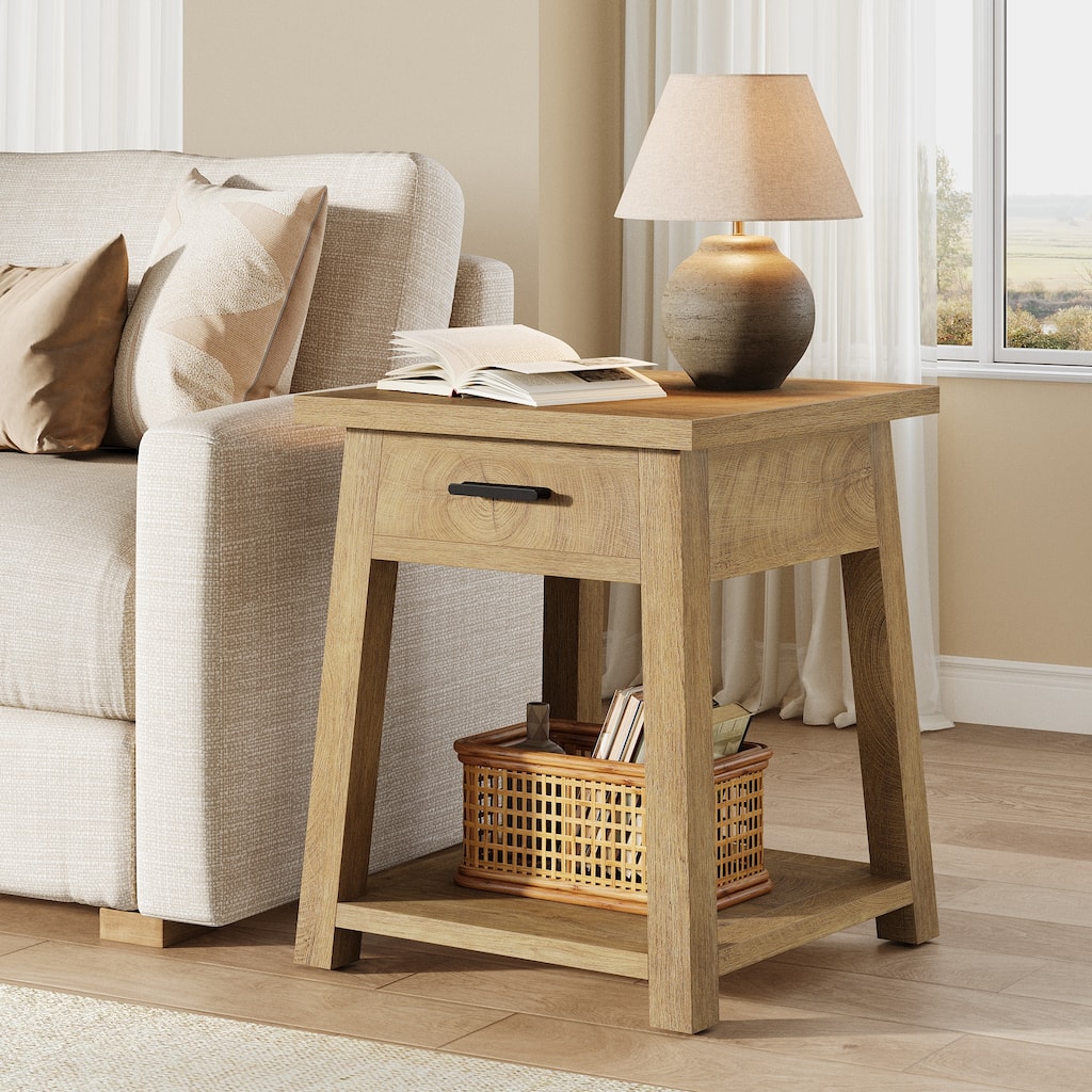 2 -Tier Wooden Side Table with Drawer