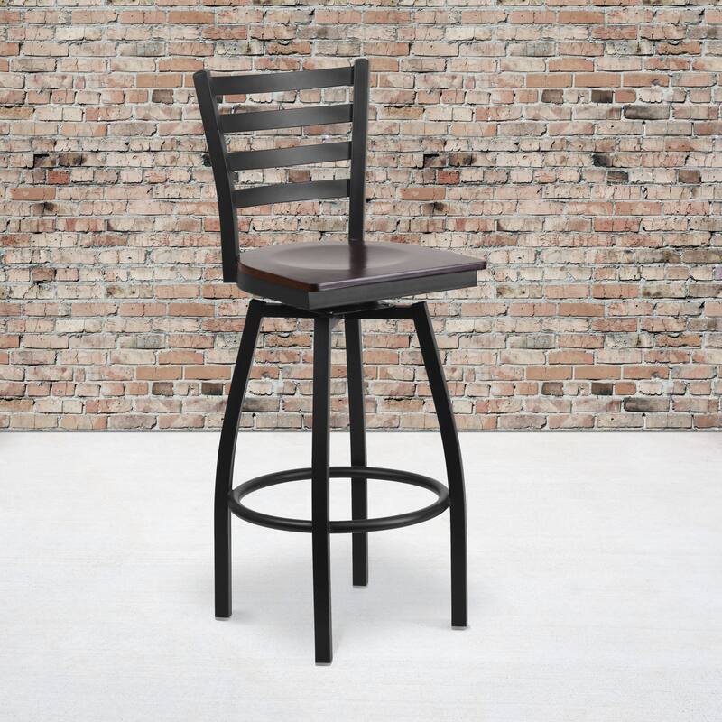 2 Pack Hercules Series Ladder Back Swivel Metal Barstool - 16.5"W x 20.5"D x 44.5"H - 16.5"W x 20.5"D x 44.5"H - Walnut Wood Seat/ Black Metal Frame
