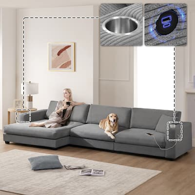134" Corduroy Sectional Sofa with USB & 50" Chaise
