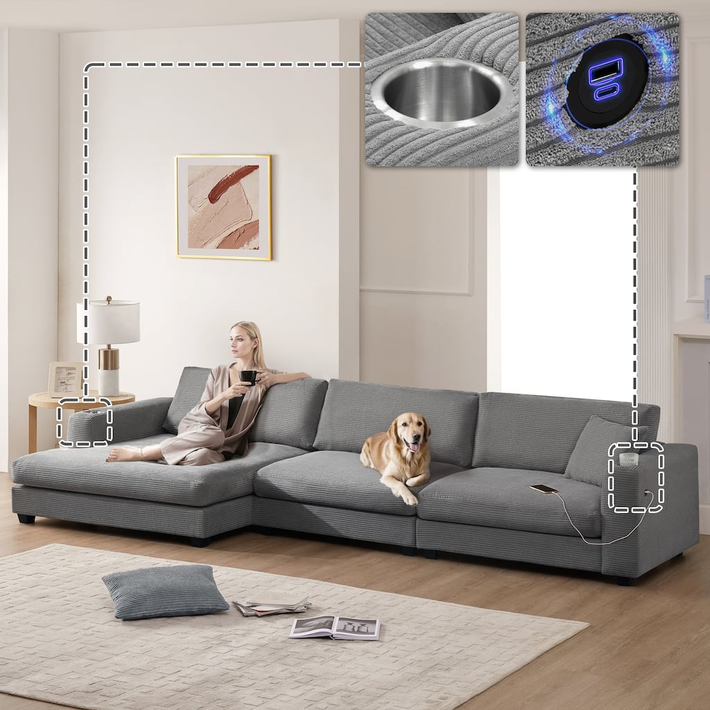 134" Corduroy Sectional Sofa with USB & 50" Chaise
