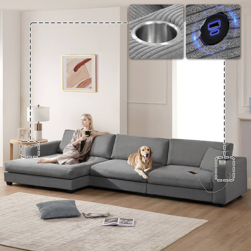 Spacious 4-Seater Corduroy Cloud Couch with Chaise, USB Charging Ports, and Cup Holders - Grey