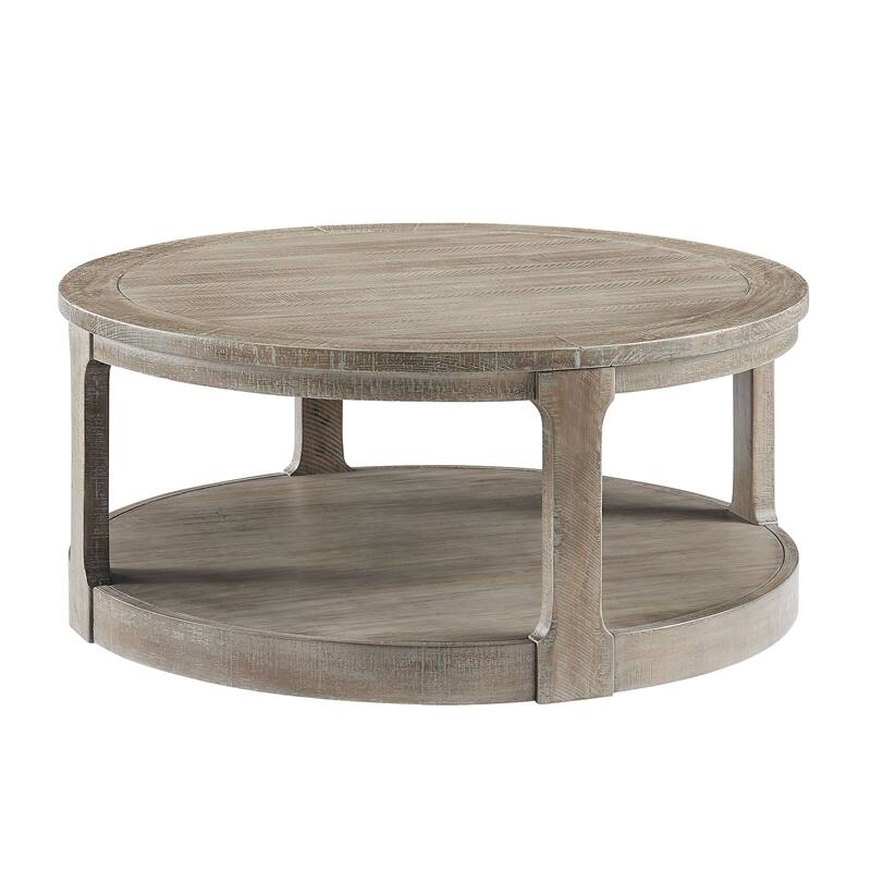 GDF Studio - Rustic Solid Wood 40" Two-Tier Round Coffee Table with Wheels