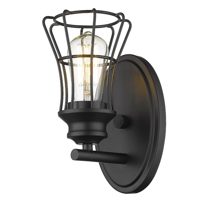 One Light Matte Black Flush Mount Industrial Cage Wall Sconce with Metal Shade and Hardwired for Indoor Use