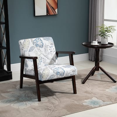 Mid-Century Wooden Accent Chair Linen Lounge Chair
