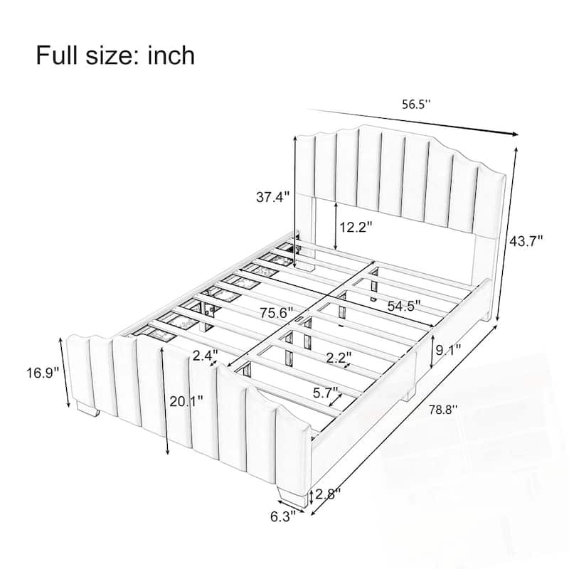 Velvet Upholstered Platform Bed Vertical Channel Tufted Headboard