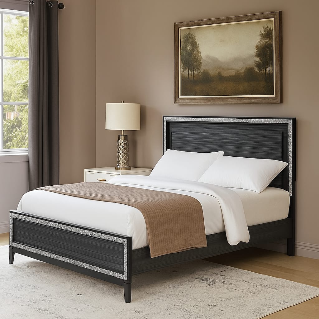 Queen Bed with LED Headboard and Shimmering Trim, Black