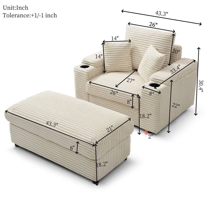 Oversized Accent Chair with Ottoman, Single Sofa Chair with Large Seat and Extra Wide Armrests, Modern Comfy Armchair