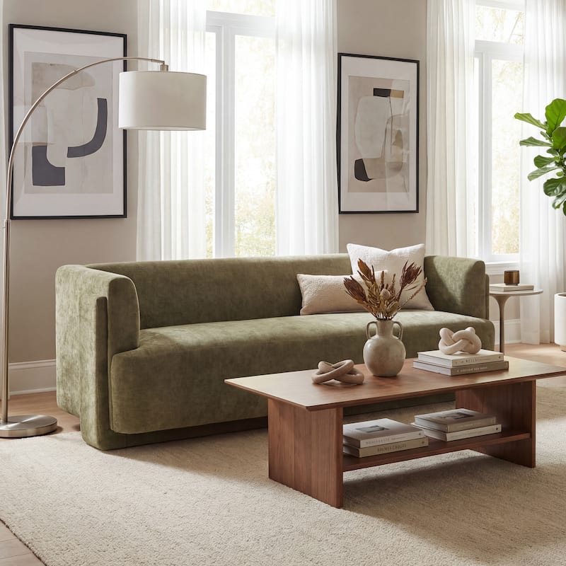 Christopher Knight Home - Modern Upholstered 77.56" 3-Seat Sofa with Geometric Block Arms - Olive Green