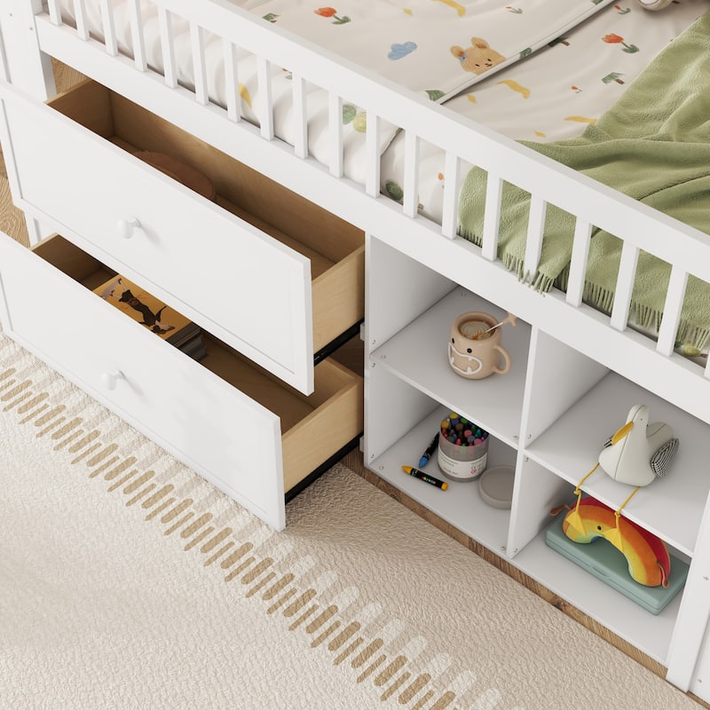 Roomfitters Twin Low Loft Platform Bed, LED Bookshelf and Storage Drawers with Wooden Frame for Bedroom or Guest Room, White