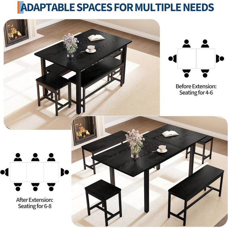 5-Piece Extendable Kitchen Dining Table Set for 4-8 People with 2 Benches and 2 Stools