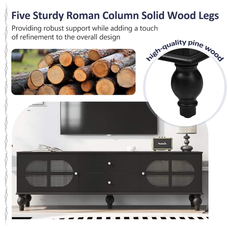 68.9" Rectangular Wooden TV Stand with Fluted Glass Doors, for TVs up to 75", Media Storage Console with 2 Drawers