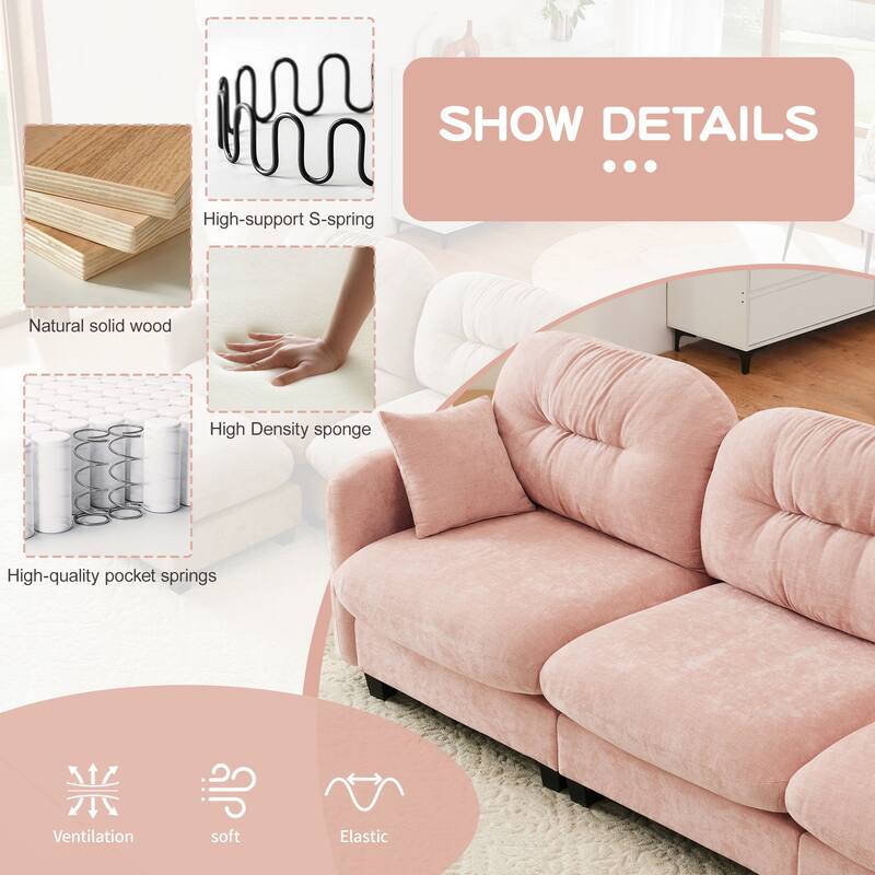 107" Modular Sectional Sofa, Oversized 3-Seater Couch with Tufted Back, Deep Seat Chenille Sofa for Living Room & Apartment