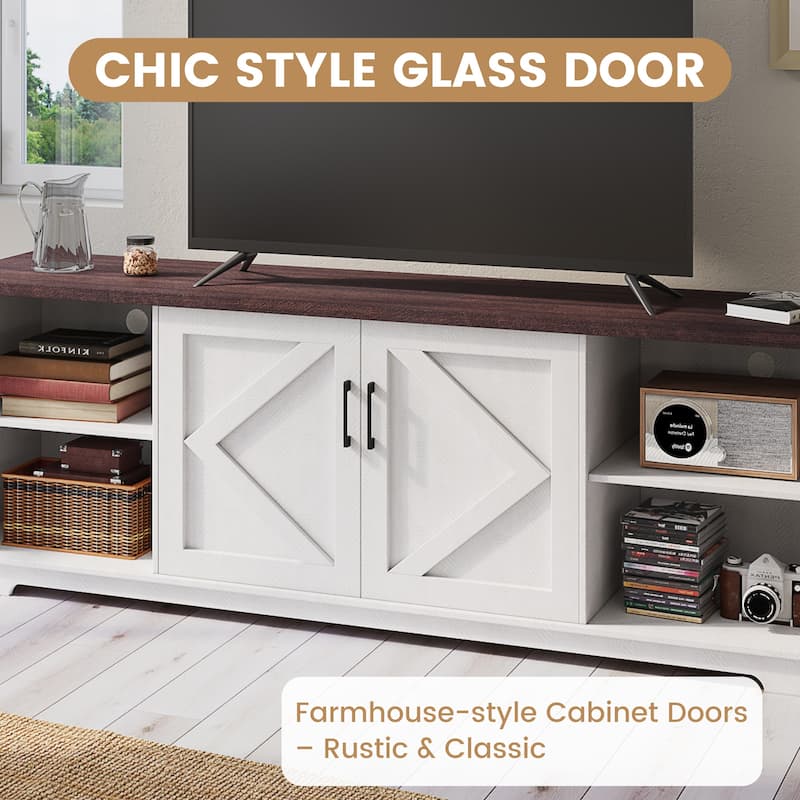 EROMMY Solid Wood TV Stand, Modern Entertainment Center with Glass Doors & Adjustable Shelves.