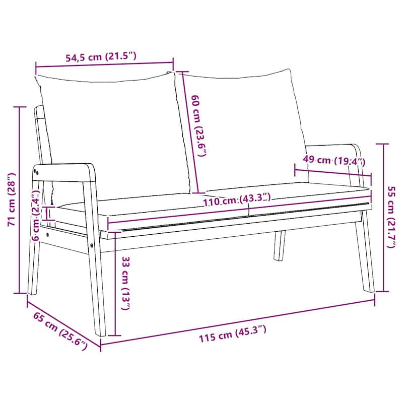 vidaXL Garden Bench with Cushions 45.3x25.6x28.0 in Solid Acacia Wood - 25.6 x 45.3 x 28.0