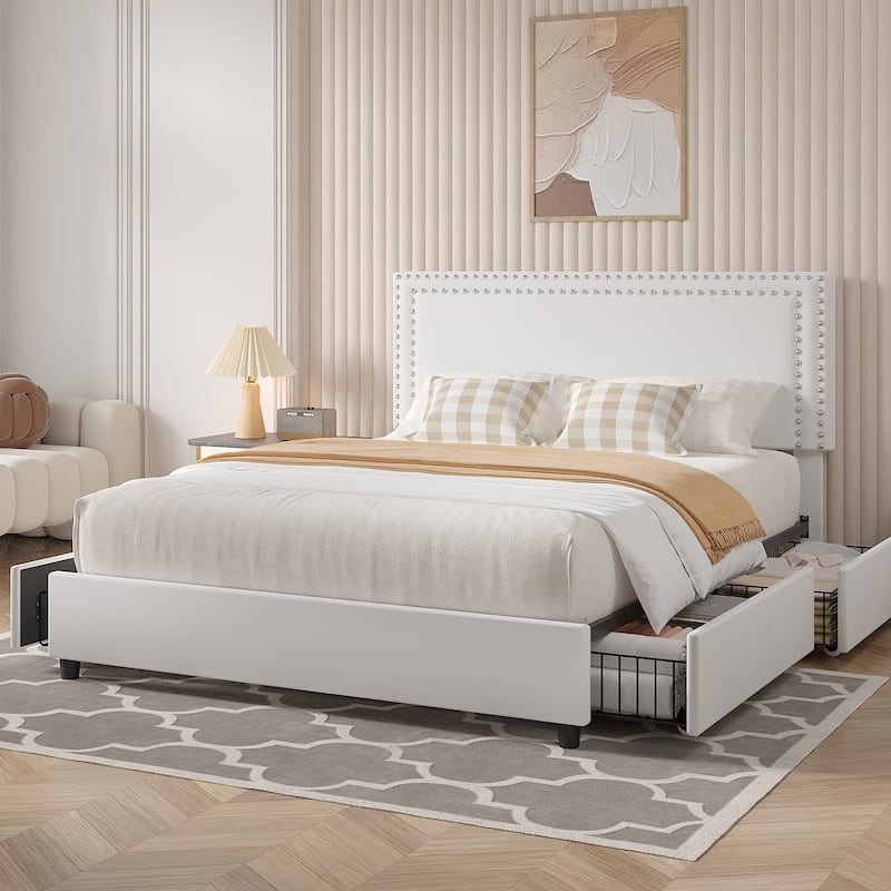VECELO Upholstered Storage Bed Frames with 4 Storage Drawers, Platform Bed Frame with Adjustable Velvet Rivets Headboard - White - Full