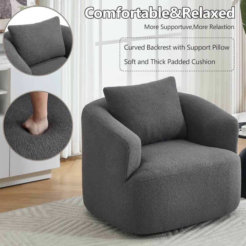 360°Swivel Round Upholstered Comfy Chair With One Soft Pillow, Teddy Fleece High-Resilience Sponge Single Sofa