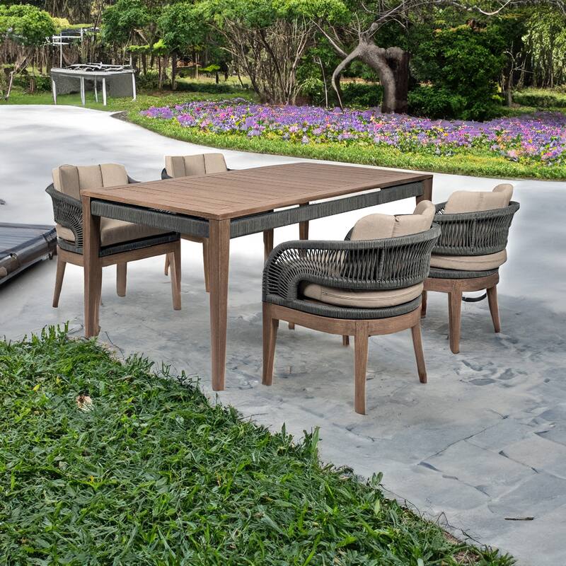 Kimi 5 Piece Patio Dining Table and 4 Chairs Set, Brown Wood, Gray Rope, Taupe Olefin