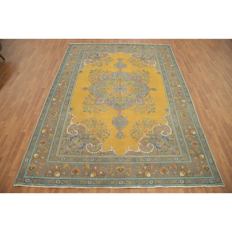 Hand Knotted Oriental 100% Wool Carpet Traditional Floral Yellow & Gold Tabriz Area Rug - 11' 4'' X 8' 3''