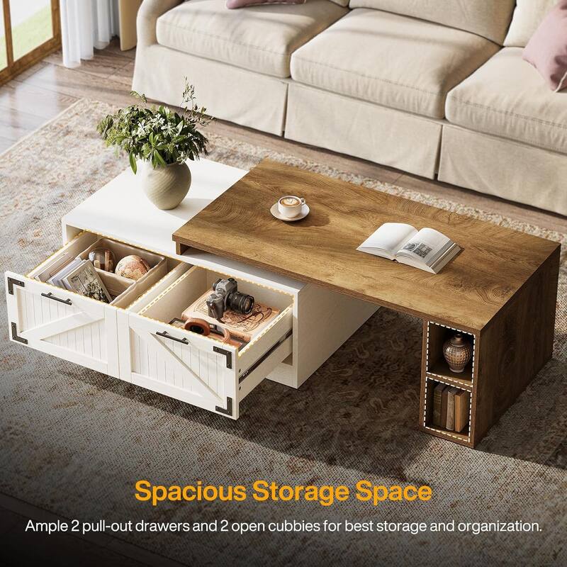 47.24-Inch Extendable Coffee Center Table for Living Room, White and Rustic Brown