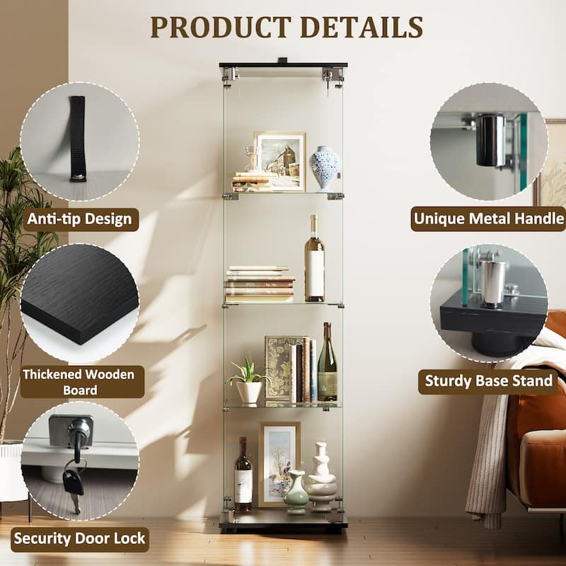 4-Shelf Glass Display Cabinet with Lock, 64"H Freestanding Curio Display Showcase for Collectibles
