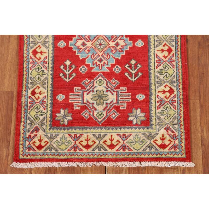 Red Geometric Kazak Oriental Runner Rug Handmade Wool Carpet - 2'1" x 5'10"