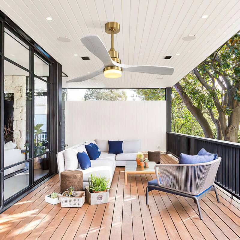 Indoor/Outdoor LED Ceiling Fan Lights with Remote Control, 52 Inch Reversible Ceiling Fans with Light and 3 Solid Wood Blades