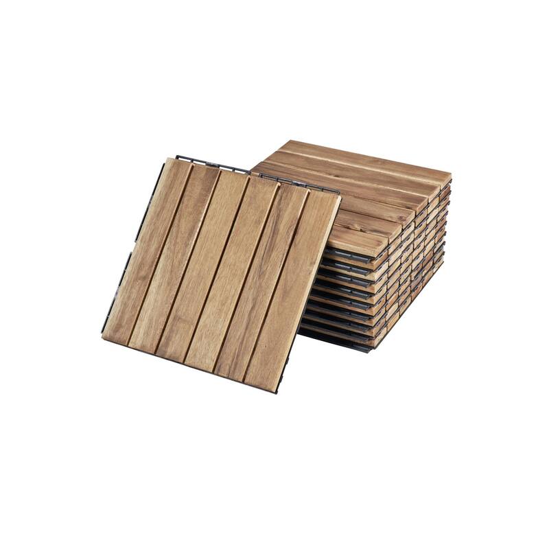 10 PCS Interlocking Deck Tiles Striped Pattern, 12" x 12" Square Acacia Hardwood Outdoor Flooring for Patio,Bancony,Pool Side