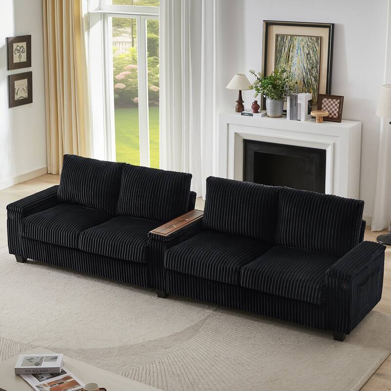 Corduroy Straight Row Sofa 4-seater Sectional Couch Buil-in USB Ports, Flip-Top Cup Holders Storage and Hidden Storage Arms