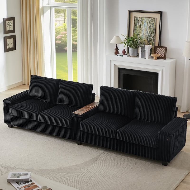 Roomfitters 4-Seater Corduroy Modern Sofa Couch with USB Ports Hidden Storage Arms & Flip-Top Cup Holders for Living Room