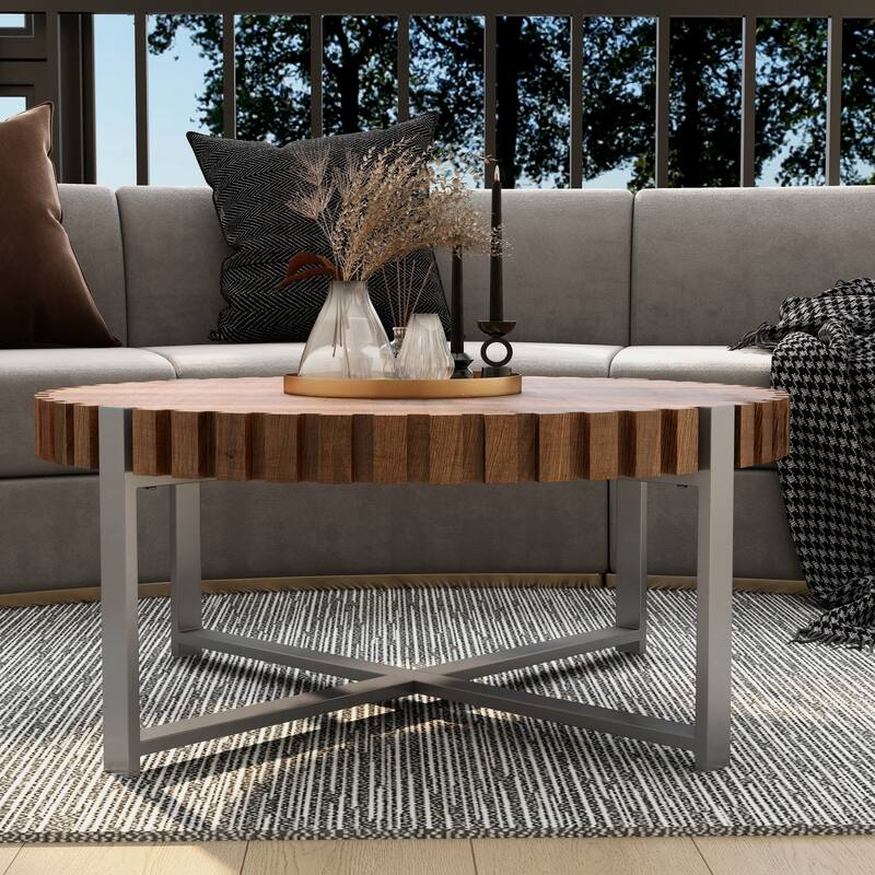 GDFStudio - Elvara Minimalist Round Coffee Table with Fluted Wood Edges, Drum Base Design & Stable Metal Frame - 31.5"W