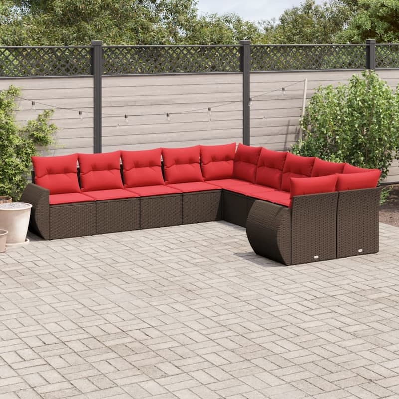 vidaXL 10 Piece Patio Sofa Set with Cushions Grey Poly Rattan - 24.4" x 24.4" x 27.2" - Brown and red Without table