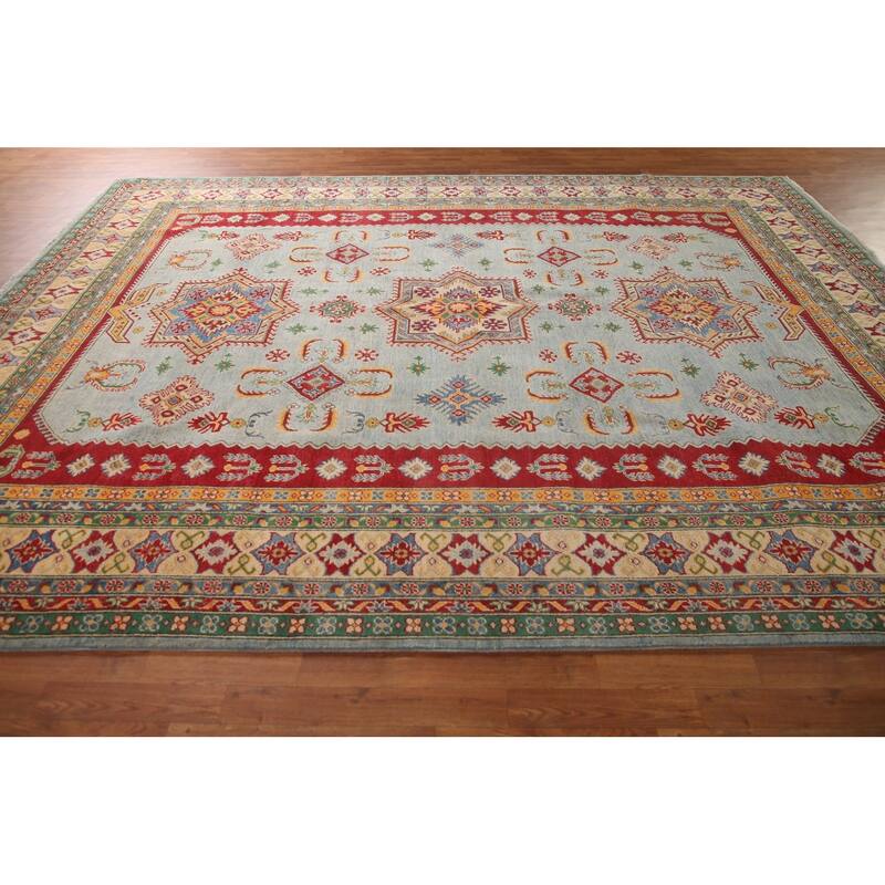 Geometric Blue Kazak Oriental Area Rug Handmade Wool Carpet - 9'11" x 12'8"