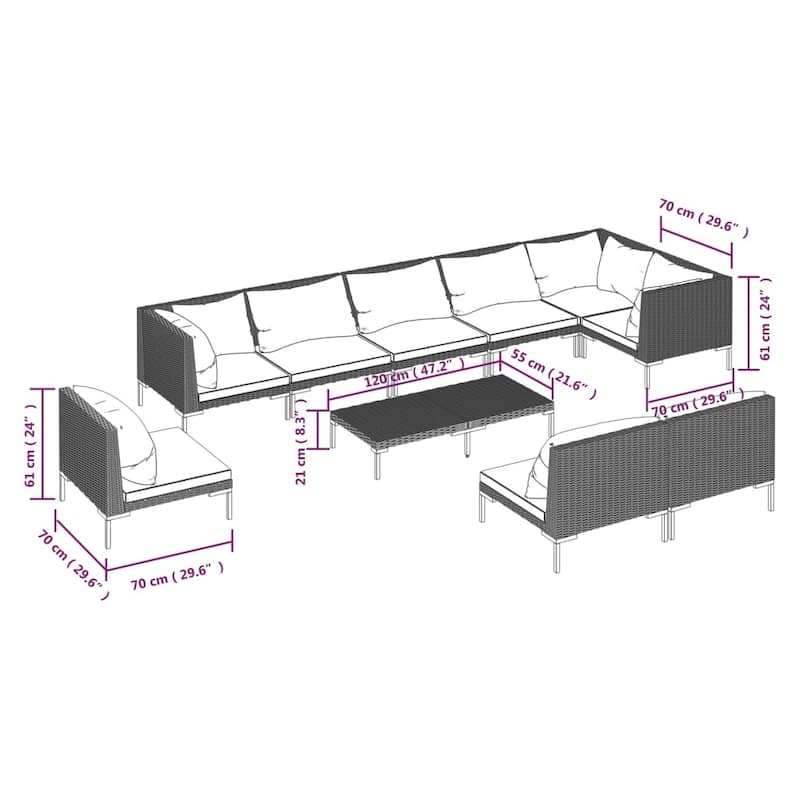 vidaXL Patio Lounge Set Outdoor Sectional Corner Sofa Poly Rattan Dark Grey - 27.6" x 27.6" x 24"
