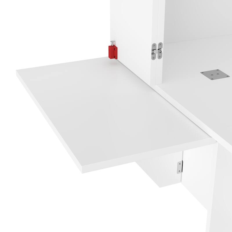 Queen Size White Storage Bed Frame with Headboard Storage, Built-In Cabinets, Drawers & Side Shelf