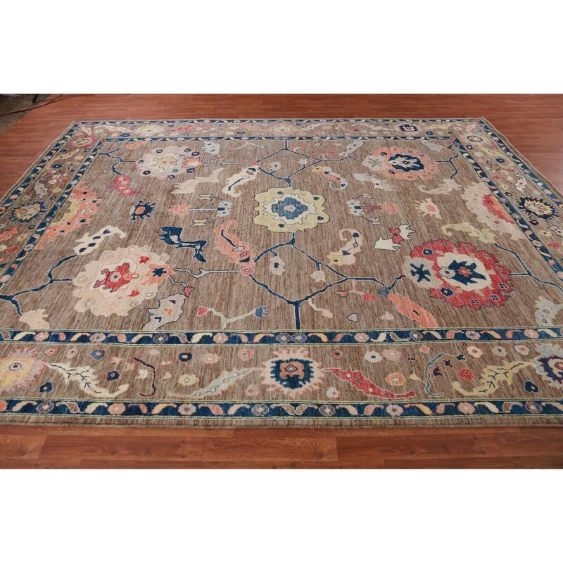 Hand Knotted Oriental 100% Wool Carpet Transitional All-Over Brown Oushak Area Rug - 11' 9'' X 9' 2''