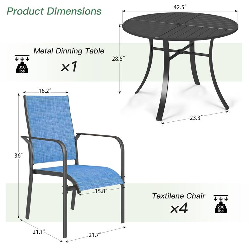 Patio Dining Set, Outdoor Dining Table and Chairs Set with Textilene Chairs, Adjustable Umbrella Hole for Garden, Backyard