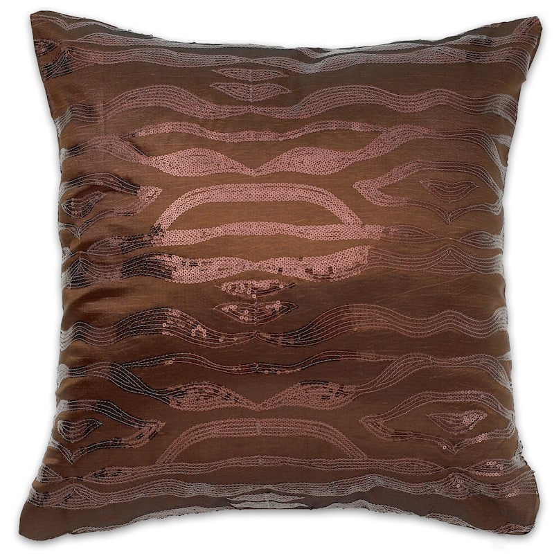 Violet Linen Marvelous Embroidered Sequins, 18 Inch x 18 Inch, Square, Decorative Accent Throw Pillow - Brown