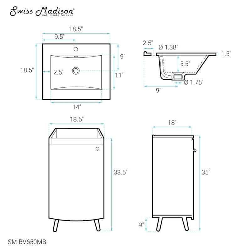 Swiss Madison SM-BV650MB Manoir 18" Free Standing Single Basin Vanity
