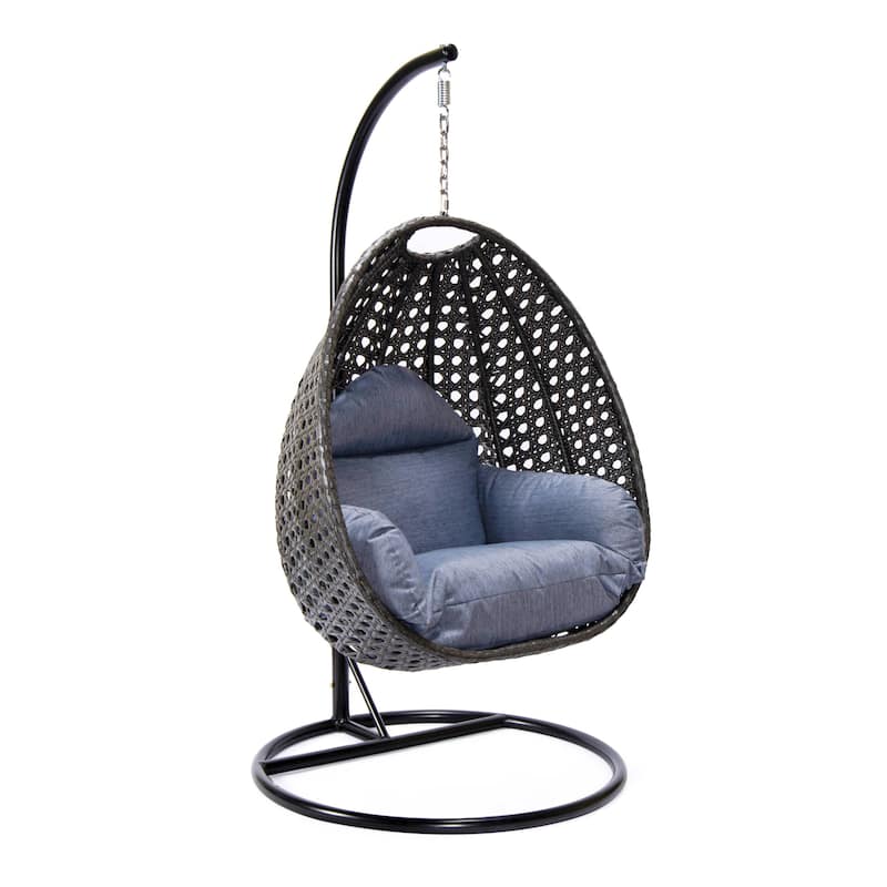 LeisureMod Charcoal Single Seater Rattan Wicker Egg Swing Hanging Chair for Indoor Outdoor Patio Porch Backyard Garden - Charcoal Blue