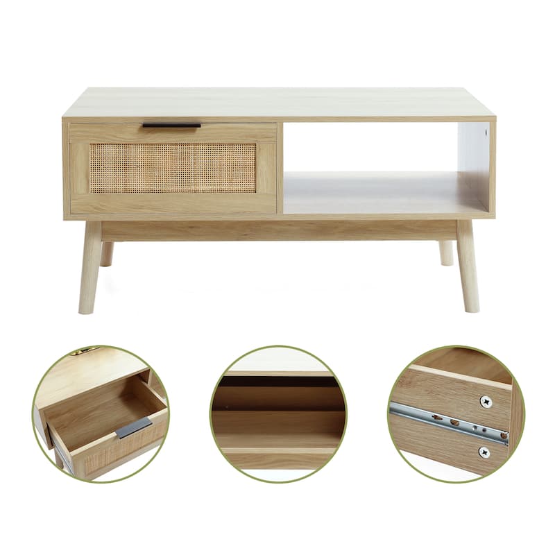 White Oak Finish Wood and Rattan Coffee Table - 17.13" H x 35.43" W x 21.69" D
