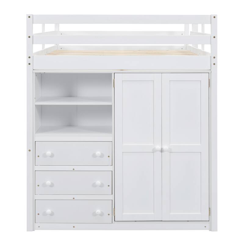 Full Size Solid Wood Loft Bed with Built-in Wardrobe, Desk, Storage Shelves and Drawers
