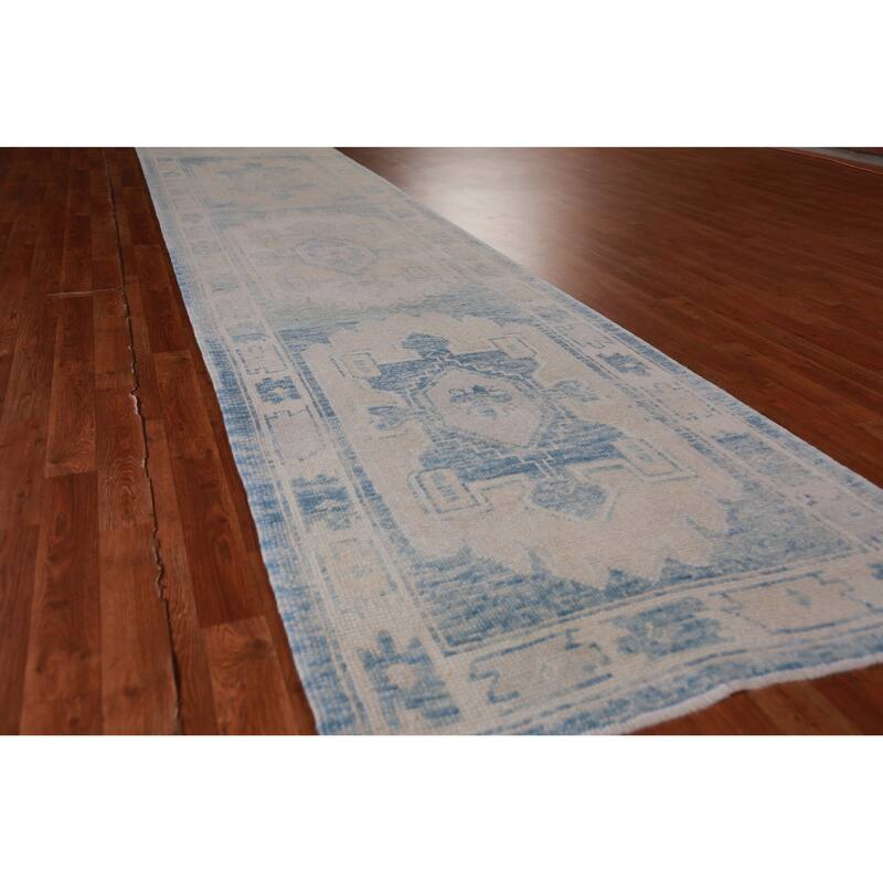 Hand Knotted Oriental 100% Wool Carpet Transitional Geometric Navy Blue & Blues Oushak Runner Rug - 17' 2'' X 3' 4''